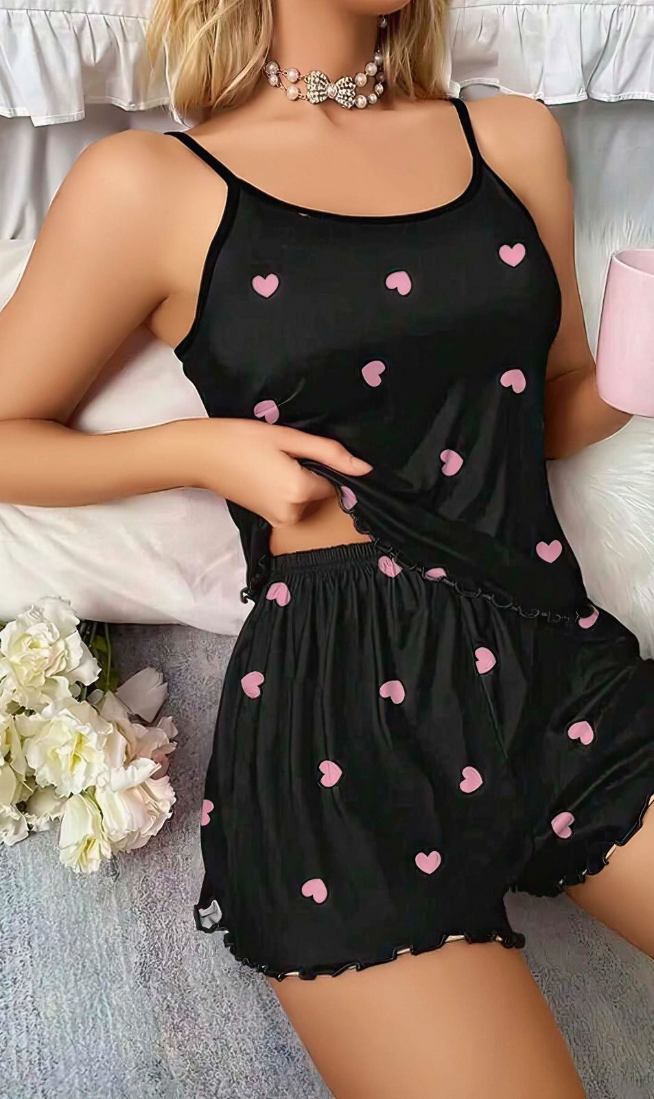 Sleeveless Black Pajamas Set "RUNNING SMALL"