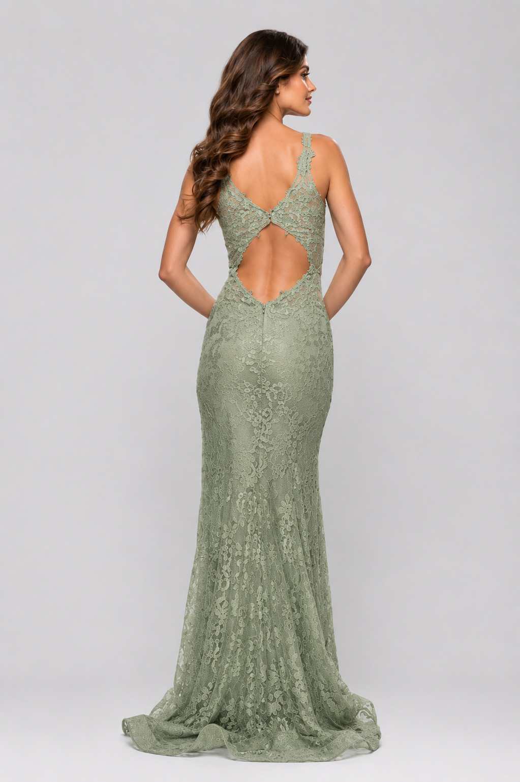 Lavender lace floor-length evening gown with deep V-neckline, open back, floral lace detail, and high side slit.