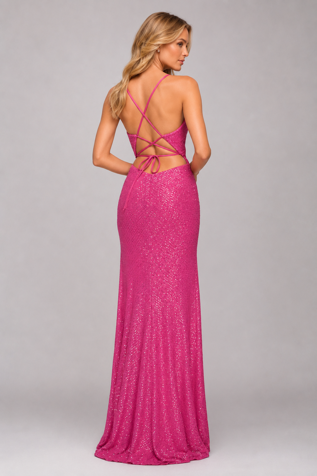 Hot Pink Sequin V-Neck Slit Maxi Dress