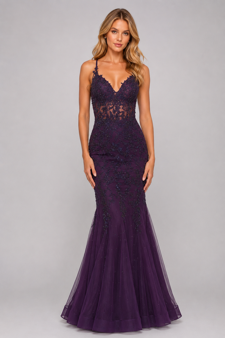 Deep Purple Lace Applique Mermaid Evening Gown
