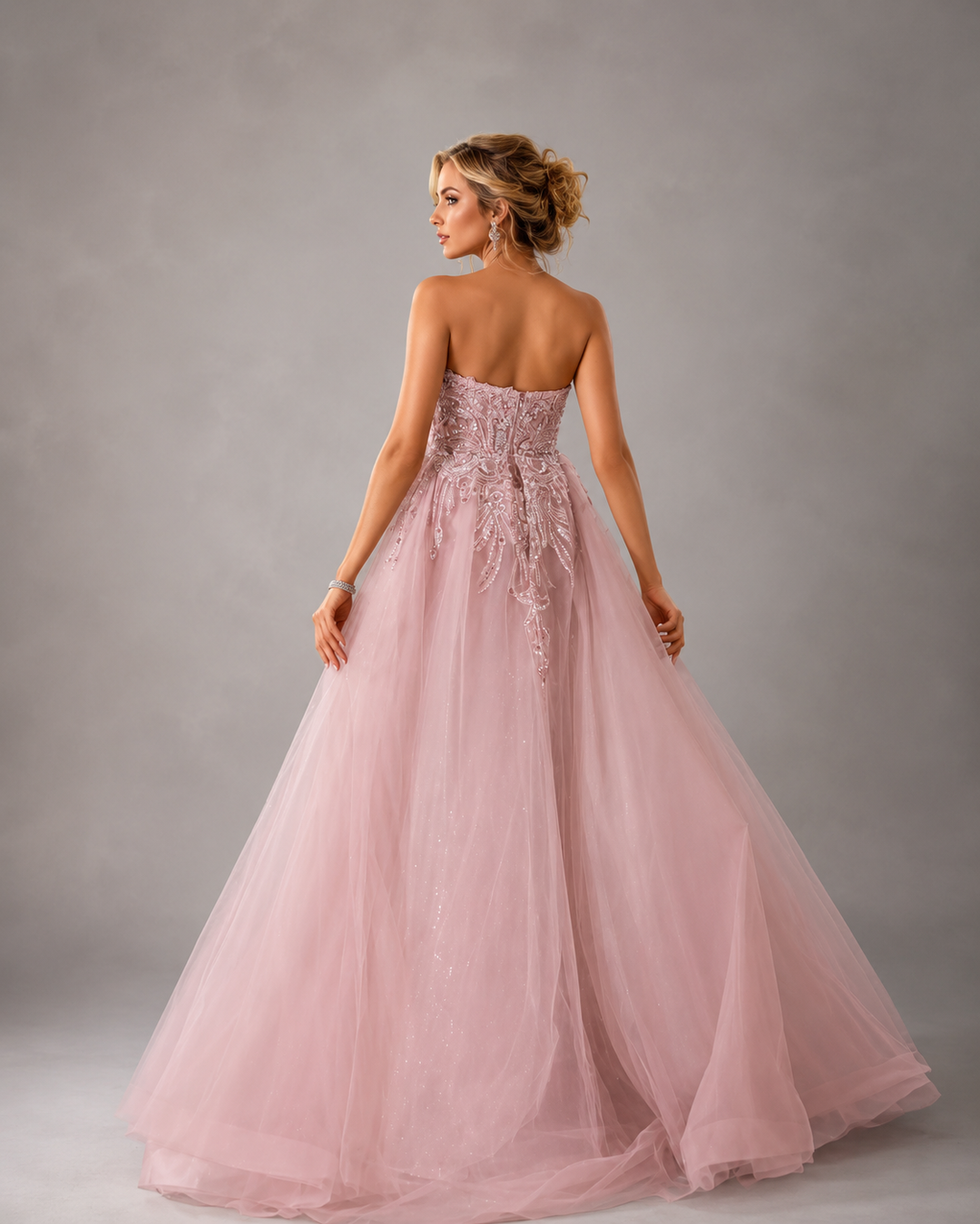 Blush Pink Beaded Gown with Tulle Overskirt