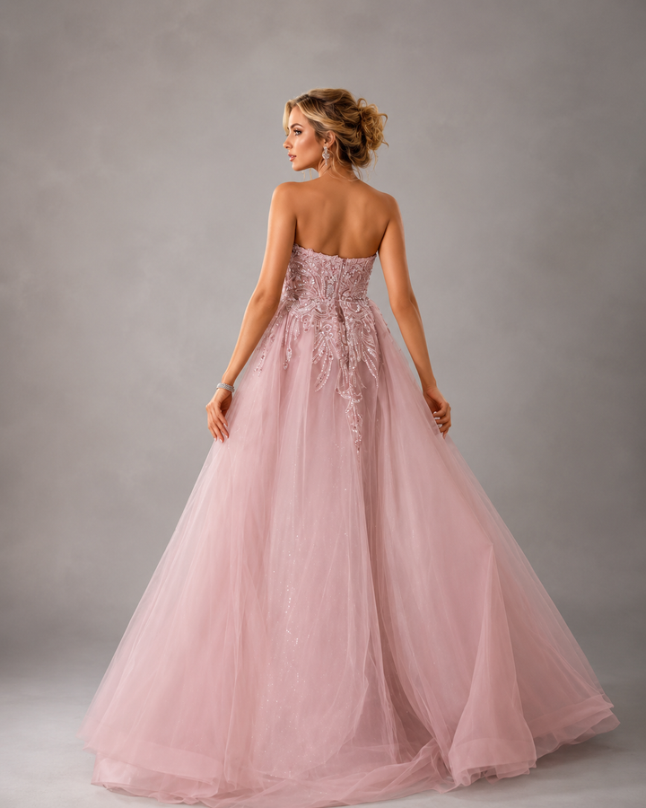 Blush Pink Beaded Gown with Tulle Overskirt