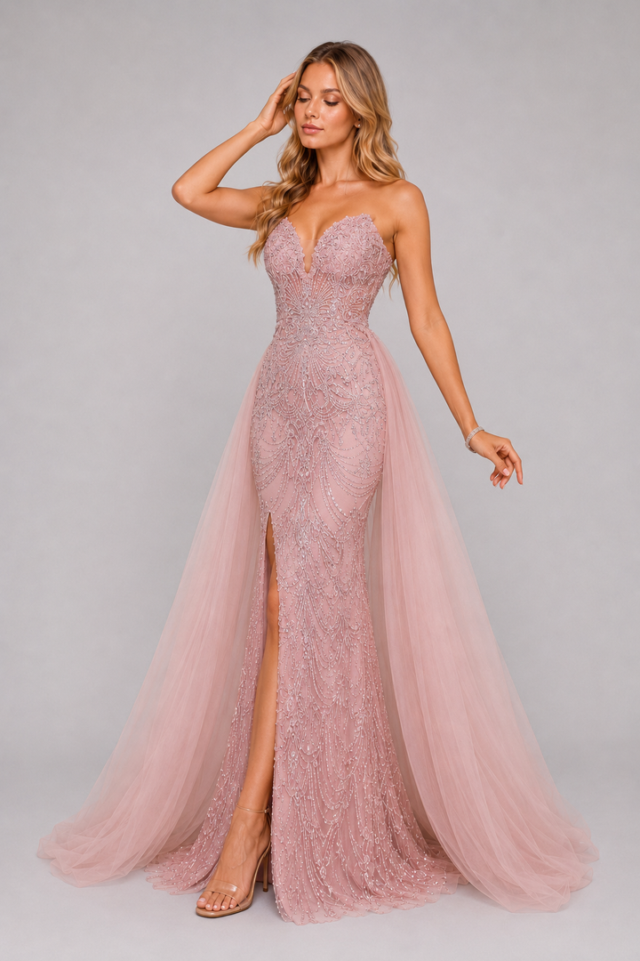 Blush Pink Beaded Gown with Tulle Overskirt