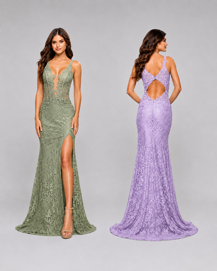 Lavender lace floor-length evening gown with deep V-neckline, open back, floral lace detail, and high side slit.