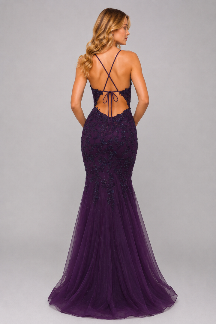 Deep Purple Lace Applique Mermaid Evening Gown