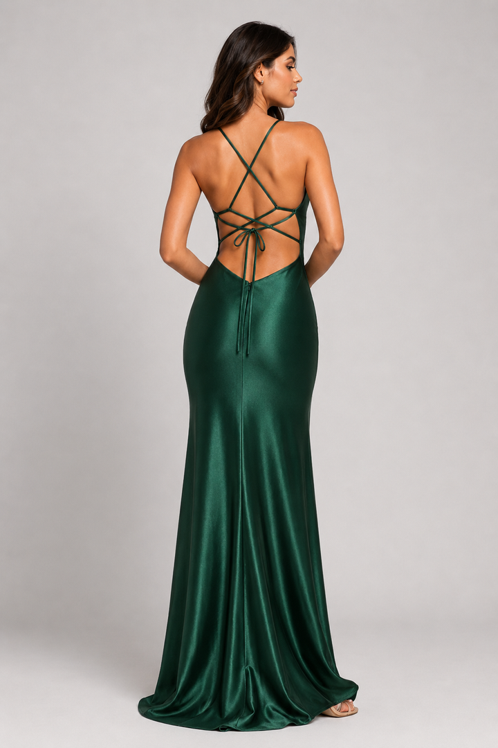 Emerald Green Satin Open Back Maxi Dress