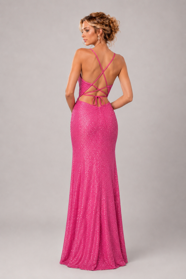 Hot pink sequin V-neck maxi dress with spaghetti straps, ruched waist, and high front slit for prom and formal occasions.
