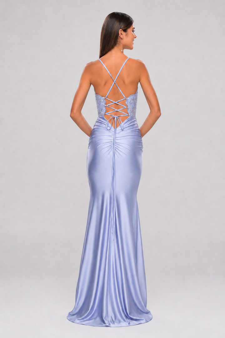 Elegant Lavender Lace &amp; Satin Mermaid Maxi Dress