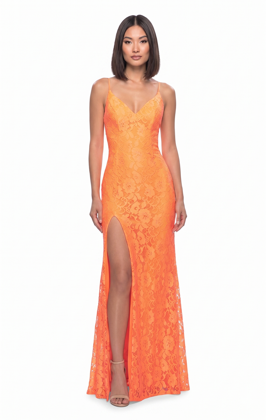Neon Orange Floral Lace Gown