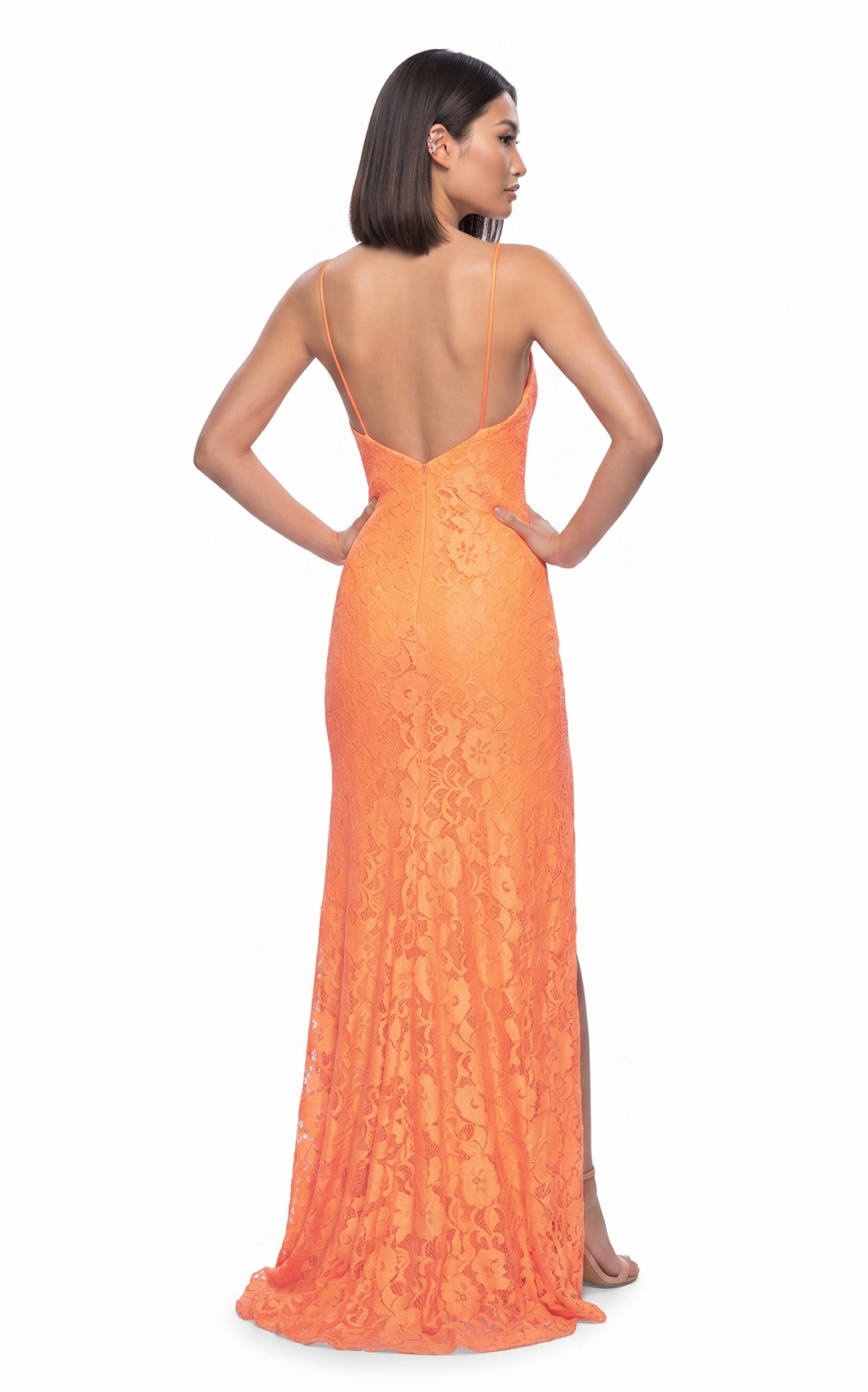 Neon Orange Floral Lace Gown